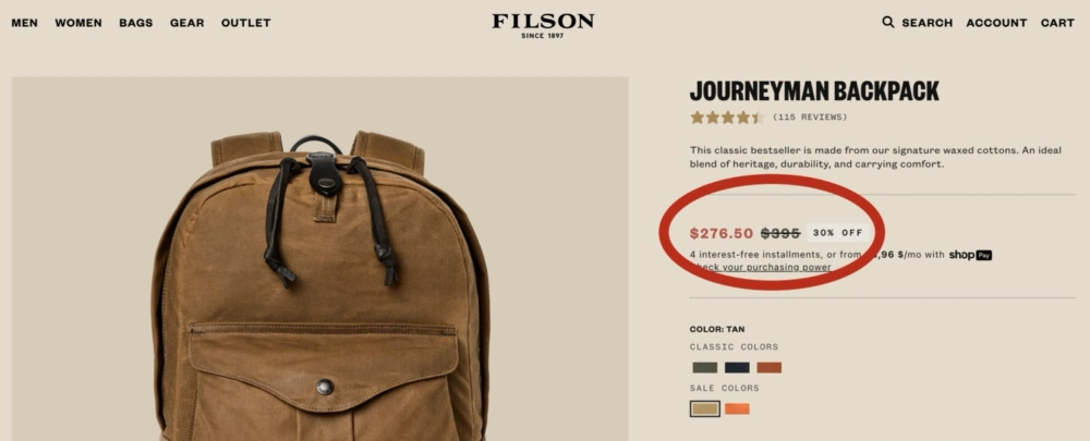 Filson's website listing the Journeyman for around $275